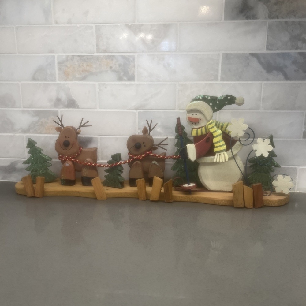 Wooden Winter Christmas Decor Scene With Snowman Trees And Reindeer